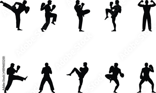 Martial arts fighter silhouettes collection, boxing and kickboxing action poses, combat sports training concept, strong athletic men, isolated white background