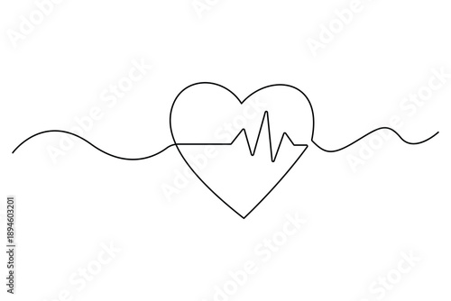 Continuous one line drawing of heart with heartbeat ecg vector illustration
