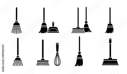 Broom Silhouette and Cleaning Tool Icon Set Vector
