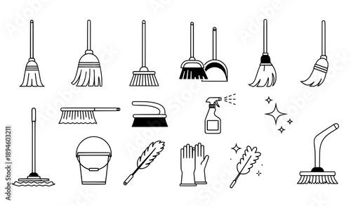 Cleaning Broom and Housekeeping Icons Vector Collection