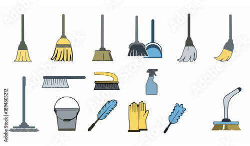 Cleaning Broom and Housekeeping Icons Vector Collection