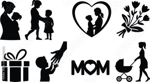 Motherhood love silhouettes mom and child family care icons heart flowers baby stroller gift illustration isolated white
