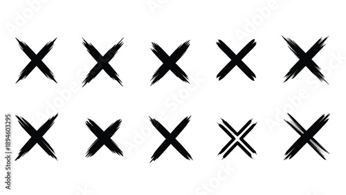 Set of ten hand drawn black brush stroke cross marks or x symbols for correction rejection and error concepts.