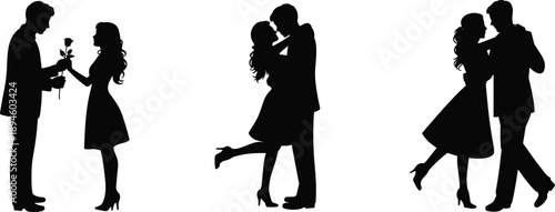 Romantic couple silhouette set, man giving rose, hugging dancing lovers, love relationship concept, black vector illustration