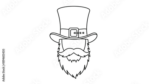 Saint Patricks Day leprechaun head line art with a tall buckle hat and beard for coloring activities and holidays.