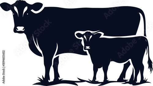 Mother cow and calf standing together in a field