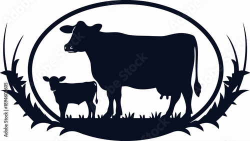 Cow and calf silhouette in circular frame with grass