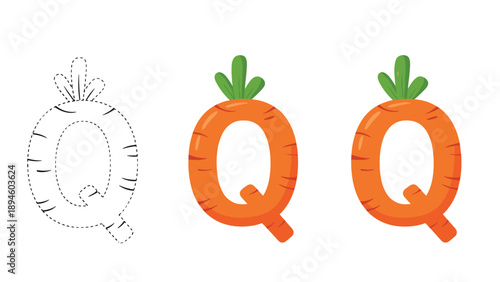 Alphabet learning worksheet with the letter Q designed as a carrot in tracing outline and colored illustration.