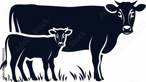 Mother cow and calf standing together in grassy field