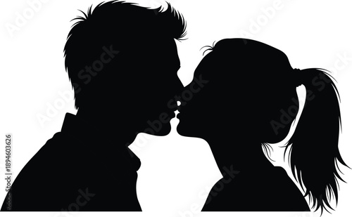 Romantic kissing couple silhouette profile, man and woman love moment, intimate relationship concept, black vector illustration isolated