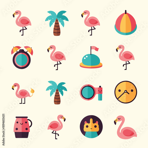 Pink Flamingo and Summer Holiday Icons Set