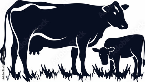 Mother cow and calf standing together in grassy field