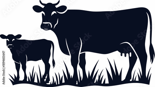 Mother cow and calf standing together in grassy field