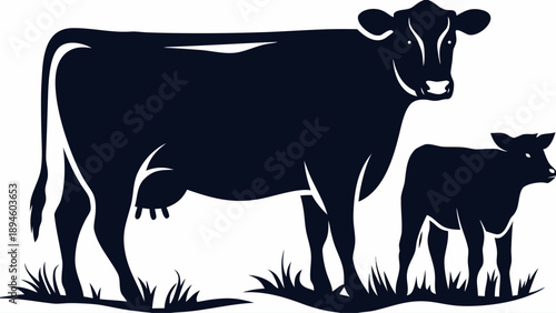 Mother cow and calf standing together in grassy field