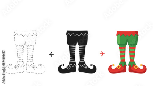 Educational coloring and tracing worksheet for kids featuring elf legs in striped stockings and red pointed shoes.