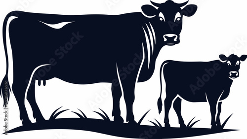 Mother cow and calf standing together in a field