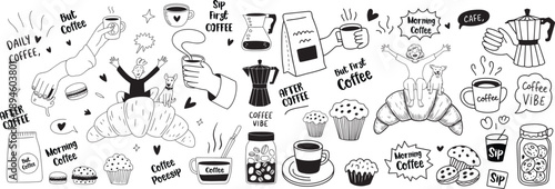 A collection of hand drawn coffee themed illustrations and phrases in black and white