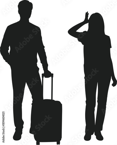 Travel couple silhouette with luggage, man and woman standing apart, journey separation concept, relationship distance, tourism illustration, isolated white background