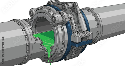 Industrial pipe connection detail with valve and green indicator, showcasing mechanical assembly and industrial equipment, viewed from a technical perspective