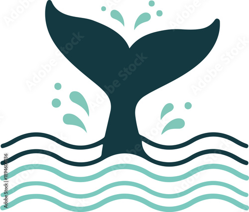 A vibrant blue whale tail emerges from ocean waves with water splashes, depicting marine life in simple graphic design