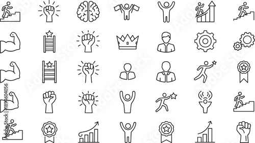 Professional Business Success and Leadership Line Icon Set Featuring Career Growth Progress Motivation Achievement Winning Strategy Power Performance 
