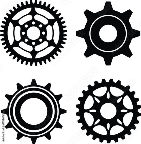 Vector Illustration Set of Diverse Cogwheel and Gear Silhouettes. Mechanical Elements for Engineering, Industrial, and Technical Designs