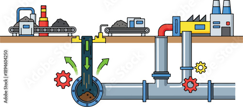 Industrial pipeline system with valves and machinery in a factory setting, viewed from the side, showcasing industrial processes