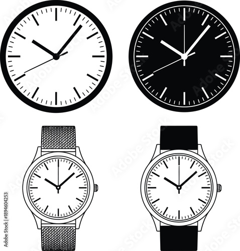 Collection of four different types of clocks and wristwatches, shown in white and black
