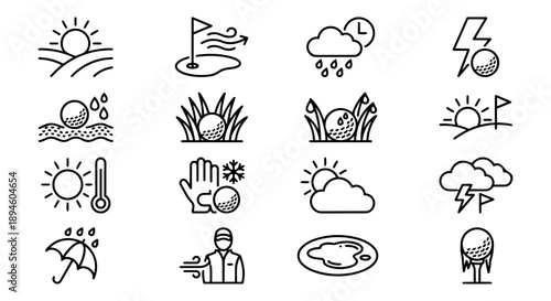 Golf weather and environmental conditions icon set with rain, wind, and sun.