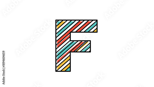 Letter f illustration with vibrant diagonal stripes in multiple colors for creative children educational materials and nursery art.