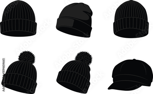 Vector set of winter beanie hats, knit caps, pom pom hats, and casual baseball cap fashion accessory illustrations