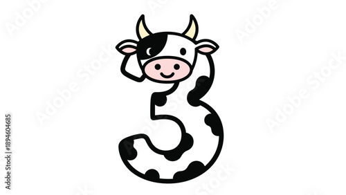 Number three represented as a cute cow with black spots and horns on a white background for children educational farm animal themes.