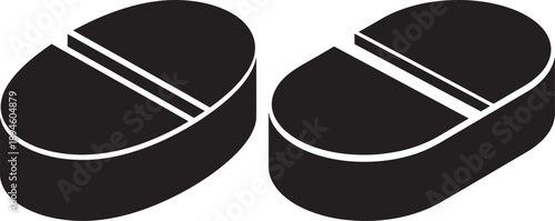 Black silhouette of two pills or tablets with a dividing line, symbolizing medication and health