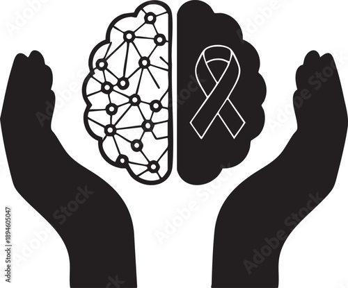 Mental health awareness brain with ribbon held by hands illustration