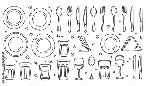 Playful hand-drawn tableware doodle icon set with plates and cutlery vector