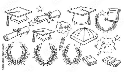 Playful hand-drawn graduation doodle icon set with diploma and student caps vector