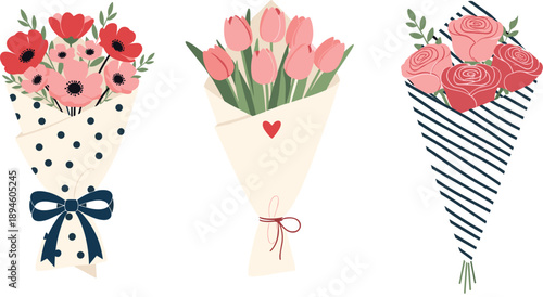 Three romantic flower bouquets wrapped in stylish paper illustration with roses, tulips and poppies, modern floral gift design, botanical vector art isolated on white background