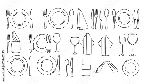 Line art table setting and etiquette icon collection hand-drawn vector