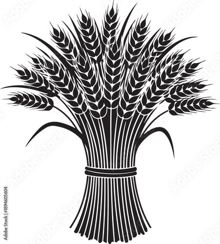 Black silhouette of a wheat sheaf bundle, agricultural symbol of harvest season, abundance, and natural food grains