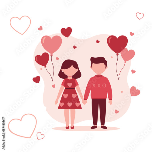Romantic Couple Holding Hands Surrounded by Heart Balloons Flat Illustration