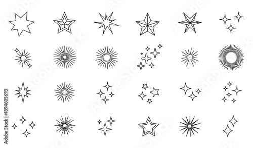 Minimal twinkling star icon set with sparkles and shining bursts vector