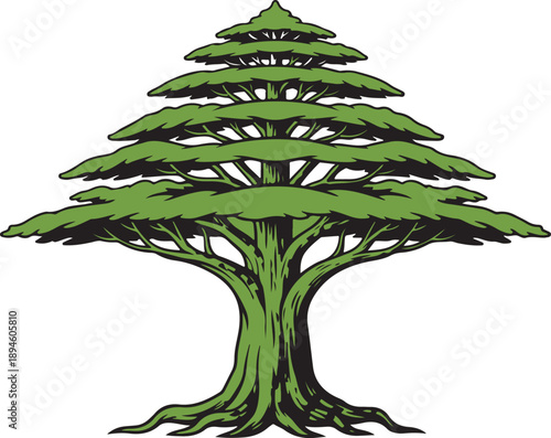 Cedar tree vector illustration with green leaves and brown trunk on a black background nature and environment symbol