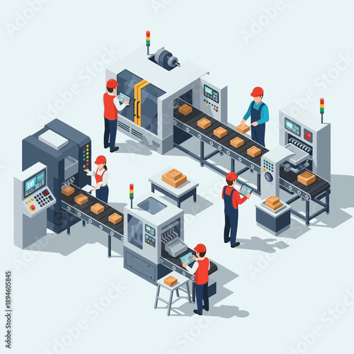Modern automated factory production line with workers overseeing operations.