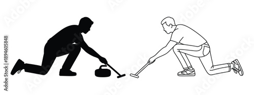Curling player outline illustration showing crouching delivery of stone, athletic motion, winter sport precision, ice arena competition vector.
