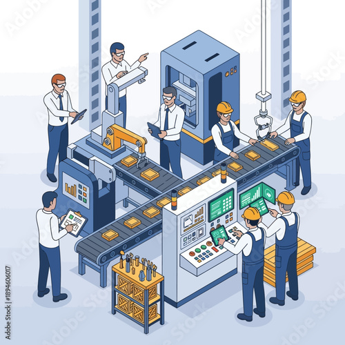 Modern automated manufacturing assembly line with workers and robots.