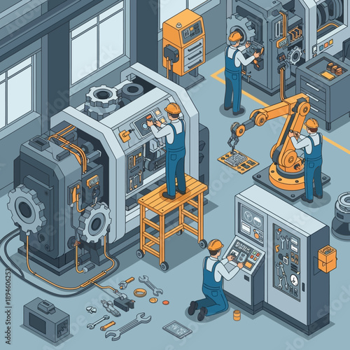 Modern factory floor with automated machinery and workers.
