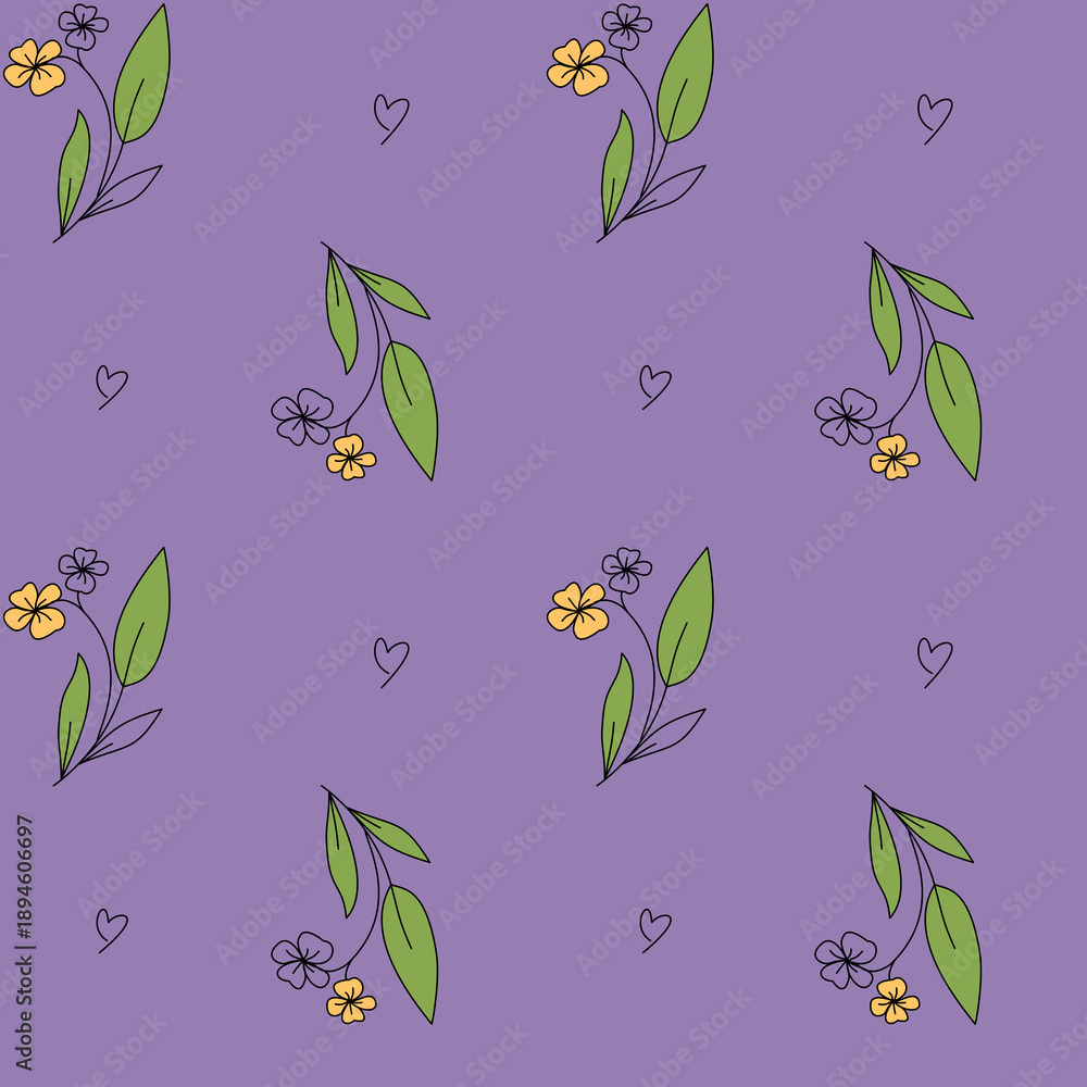 Fototapeta premium Seamless pattern with floral branches, leaves, and small heart accents on a soft purple background. Gentle botanical illustration with a cozy and modern feel, suitable for textile prints, kids decor, 