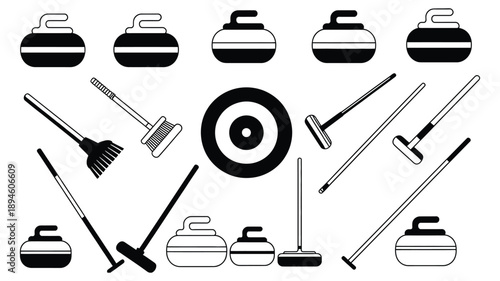 Curling sport equipment silhouette set including stones and brooms, winter sports target illustration, competitive ice game tools, isolated vector.