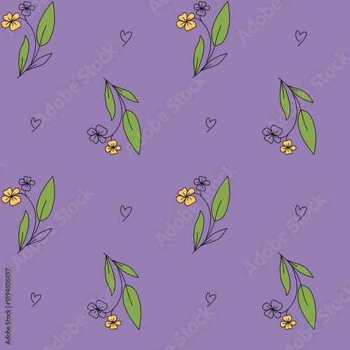 Seamless pattern with floral branches, leaves, and small heart accents on a soft purple background. Gentle botanical illustration with a cozy and modern feel, suitable for textile prints, kids decor, 
