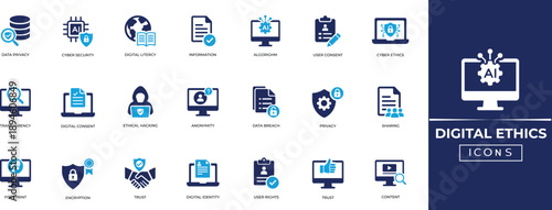 Digital ethics and cyber security solid icon set. Data privacy, information security, online safety, AI ethics, and network protection icons.